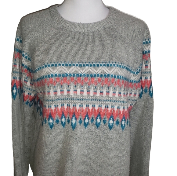 Fair Isle Knit Wool Alpaca Blend Crewneck Sweater Size XL Gray Pink Blue Preppy - Picture 2 of 11